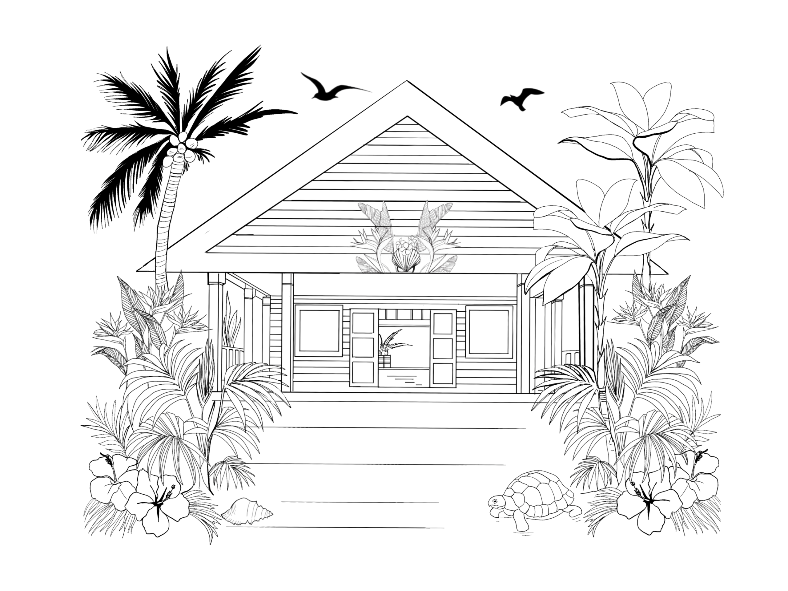 Illustration en noir et blanc de la maison tropicale avec des palmiers et une tortue devant.