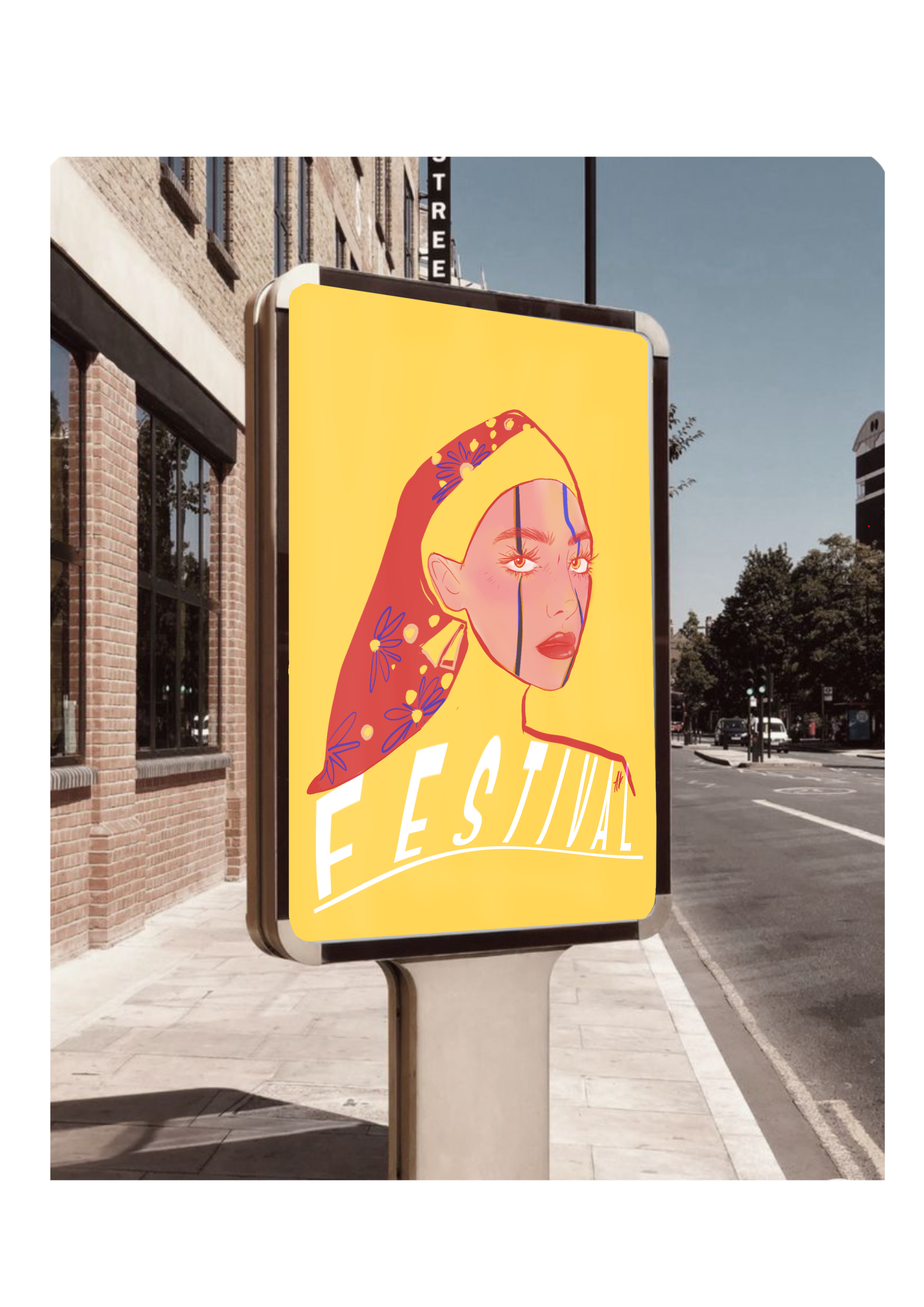 Mockup d’une affiche lumineuse représentant un portrait audacieux sur un fond jaune avec des motifs floraux et des lignes graphiques, utilisée pour promouvoir un festival dans un cadre urbain moderne.