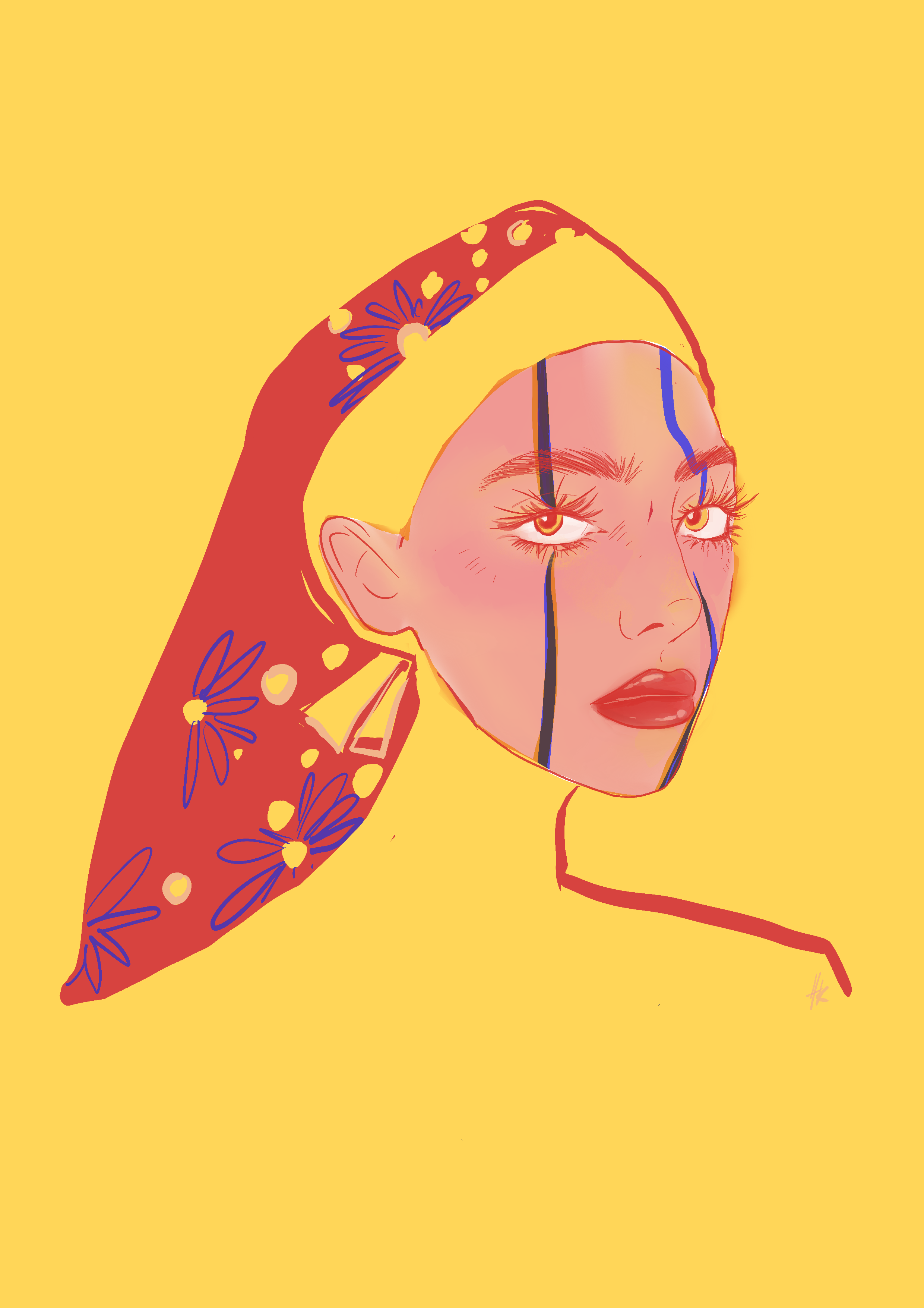 Portrait contemporain d’une femme avec un foulard floral rouge, des lignes graphiques bleues sur le visage et un fond jaune vibrant, exprimant une énergie audacieuse et moderne.