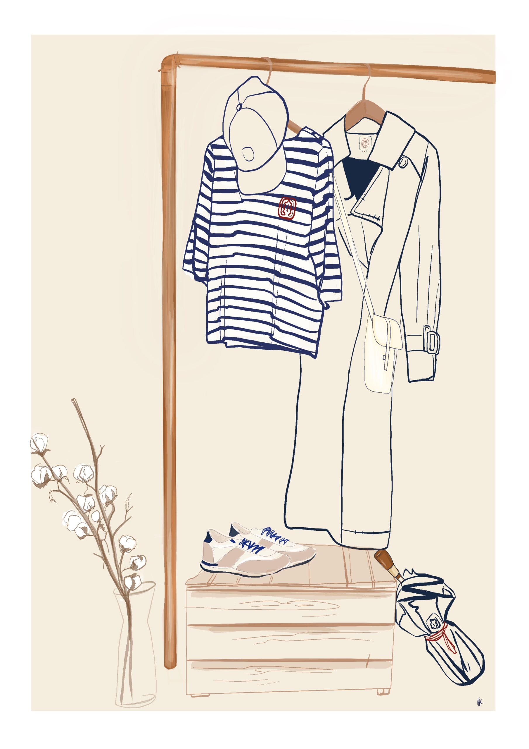 Illustration minimaliste d’un porte-manteau en bois, mettant en valeur une marinière, un trench-coat, des baskets et une branche de coton dans un vase, célébrant un style intemporel et élégant.