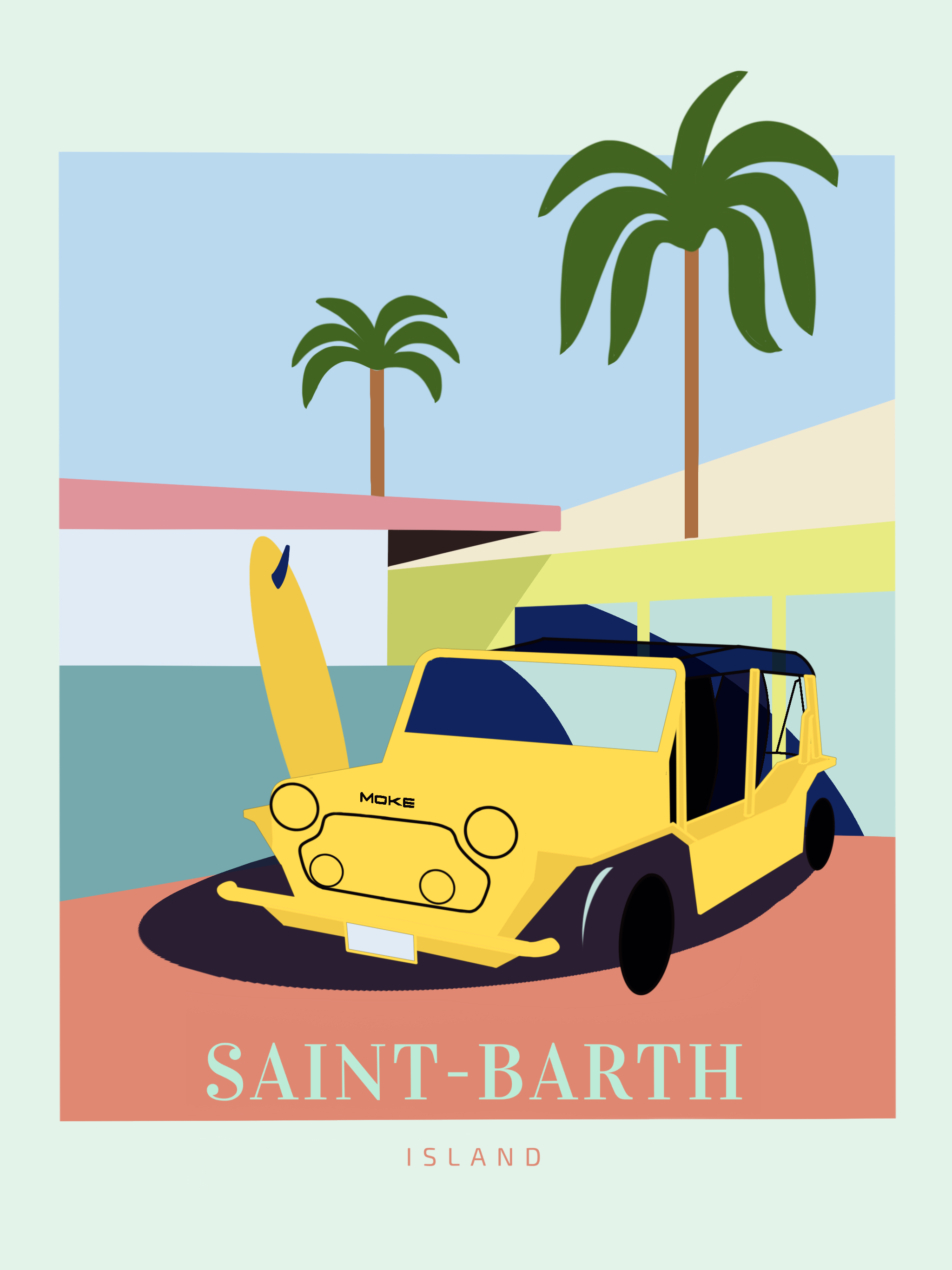 Illustration graphique minimaliste représentant une voiture Moke jaune emblématique, entourée de palmiers et de formes architecturales pastel, évoquant l'atmosphère rétro-chic et tropicale de Saint-Barth.