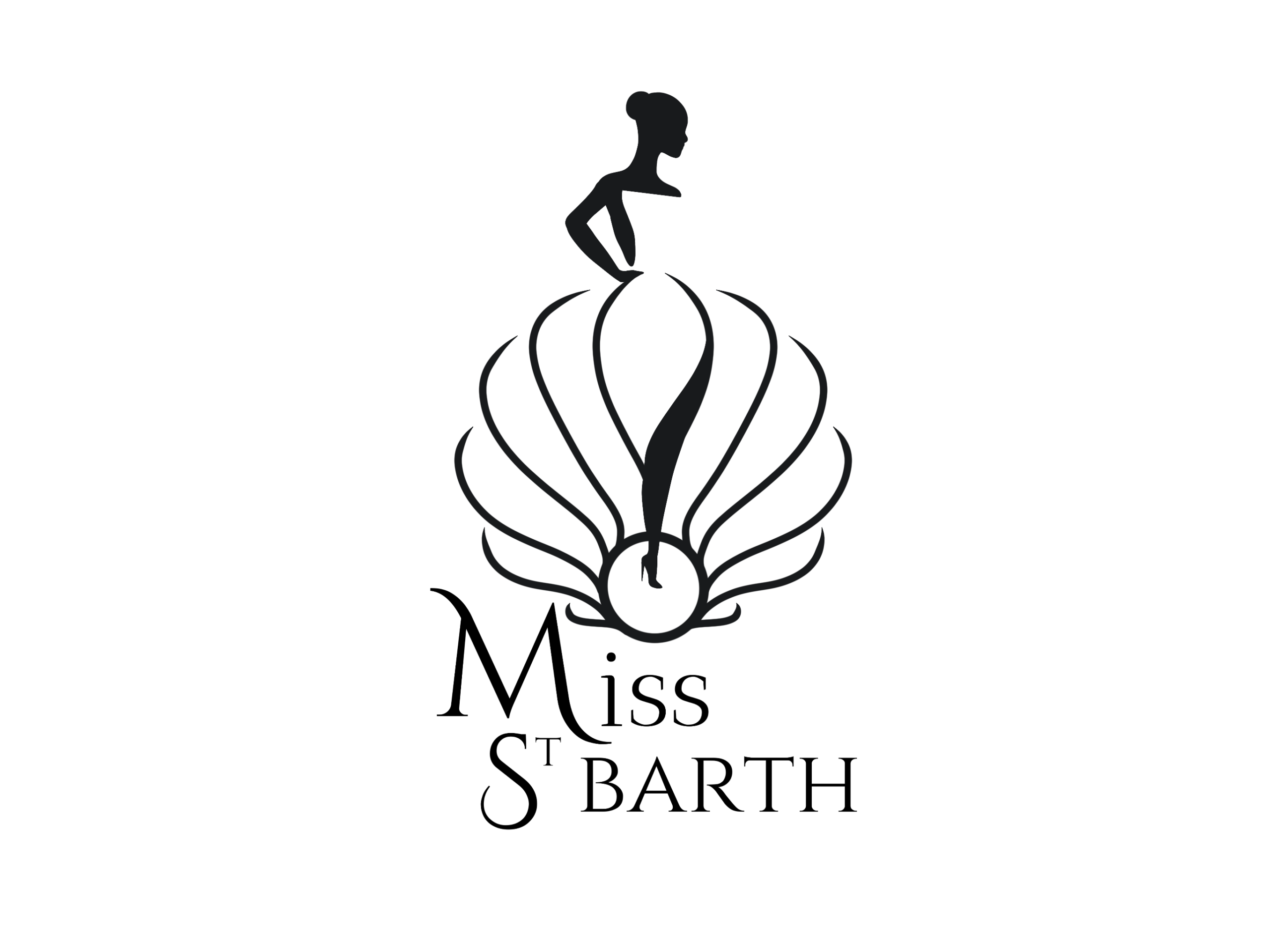 Logo Miss St Barth en noir, mettant en valeur une silhouette féminine élégante avec une robe inspirée d’une coquille.