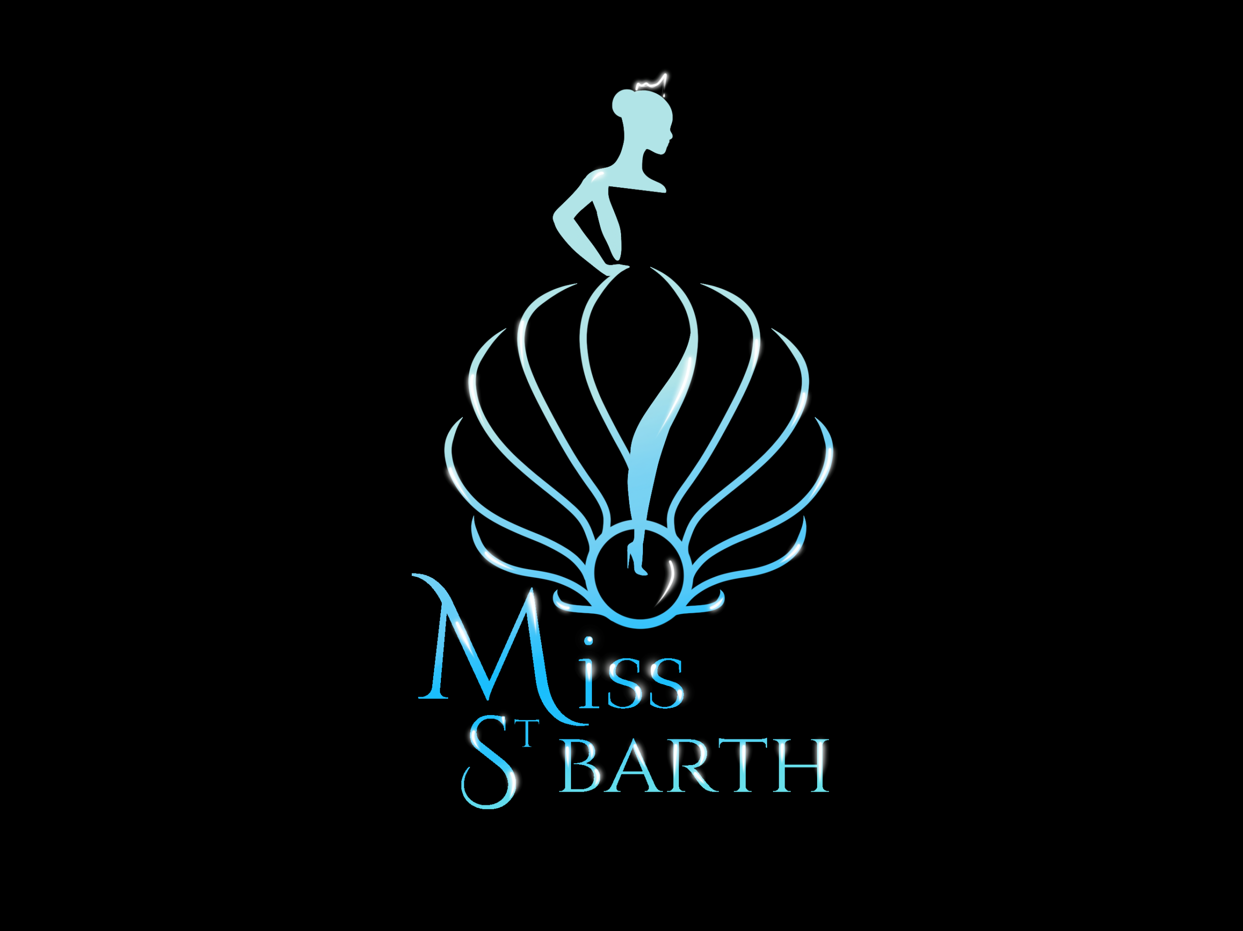 Logo Miss St Barth en bleu lumineux sur fond noir, symbolisant l’élégance insulaire et la modernité avec une touche aquatique.