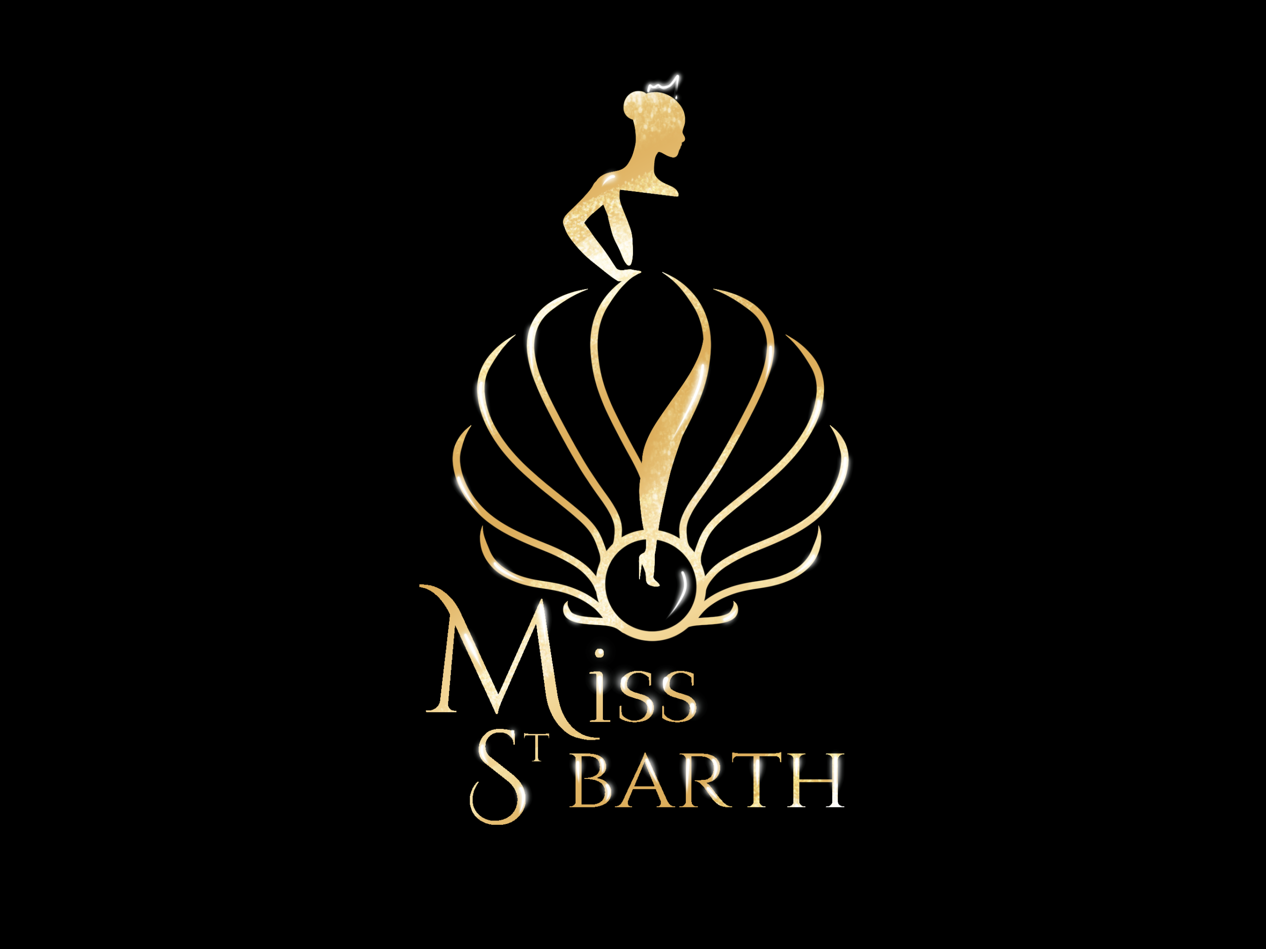 Logo Miss St Barth en doré sur fond noir, représentant le luxe et le raffinement avec une silhouette féminine et une robe en forme de coquille.