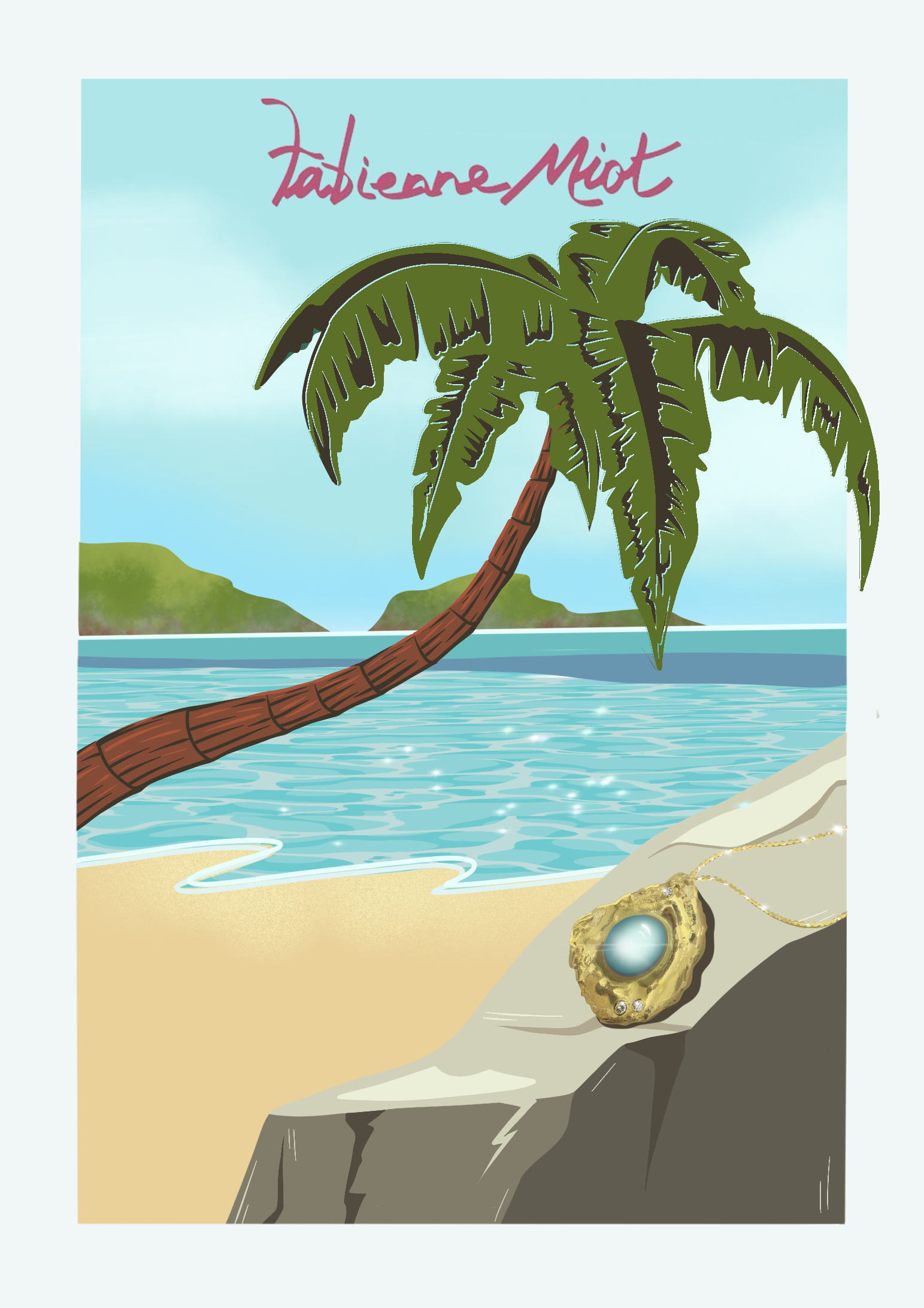 Illustration d’un paysage tropical avec une plage, un palmier, une mer scintillante et un bijou en forme d’huître dorée contenant une perle bleue.